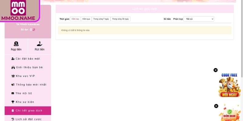 Lưu lại thông tin nạp rút tiền MMOO